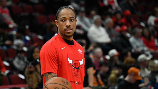 Apr 4, 2023; Chicago, Illinois, USA; Chicago Bulls forward DeMar DeRozan warms up